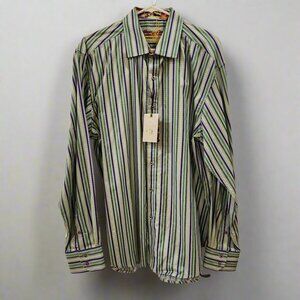Robert Graham Long Sleeve Flip Cuff Shirt Striped Blue and Green NWT